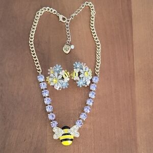 Betsey Johnson Yellow Bee & Lavender Crystal Necklace with Matching Earrings